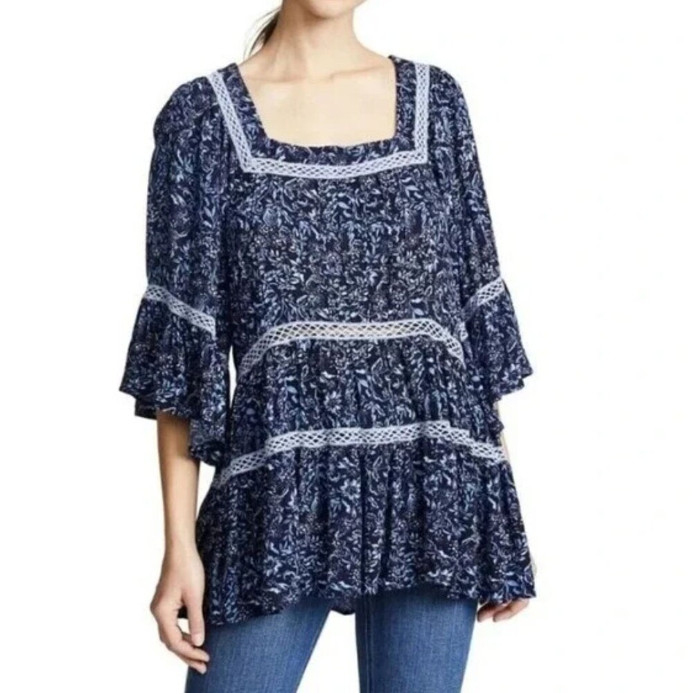 Free People Talk About It Tunic Blouse Square Neck Floral Tiered Boho - Small